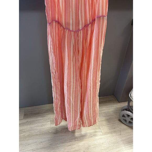 Anthropologie Size M Visayas Ruffle Neck Pink Stripe Crop Wide Leg Jumpsuit - Picture 4 of 6